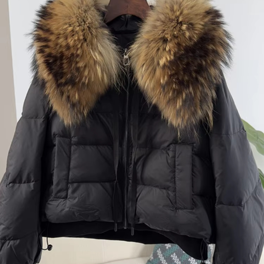 Natural Real Big Raccoon Fur Collar Winter Jacket Women Loose - Picture 3 of 4